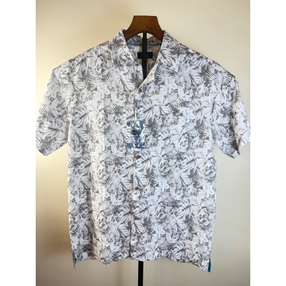 Havana Jim Mens Grey White Tropical Palm Leaf Print Button Front Shirt sz Medium